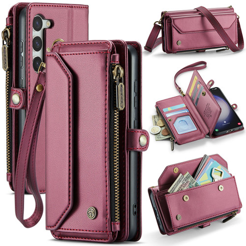 Samsung Galaxy S23 5G CaseMe C36 Card Slots Zipper Wallet RFID Anti-theft Leather Phone Case - Wine Red
